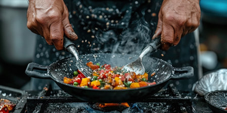 A person is cooking food in a wok on an outdoor grill, AIの素材