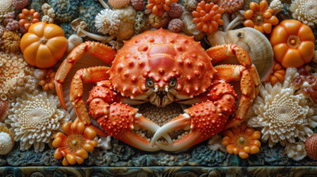 A close up of a crab sitting on top of some shells, AIの素材
