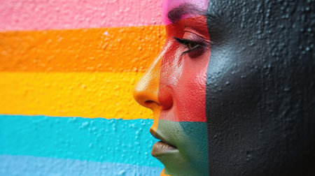 A close up of a womans face painted with multicolored stripes, AIの素材