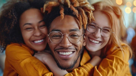 Three people are smiling and hugging each other, AIの素材