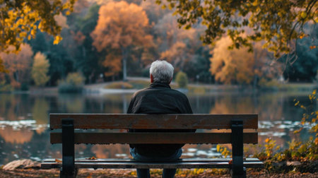 A man sitting on a bench looking at the water, AIの素材