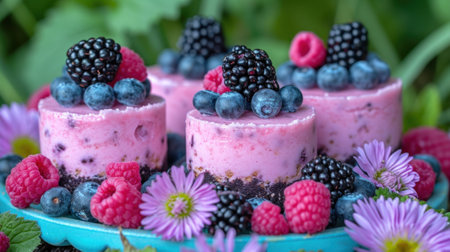 A close up of a plate with three desserts on it, AIの素材