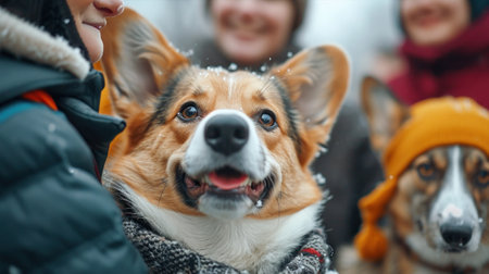 A group of people standing around a dog that is wearing hats, AIの素材