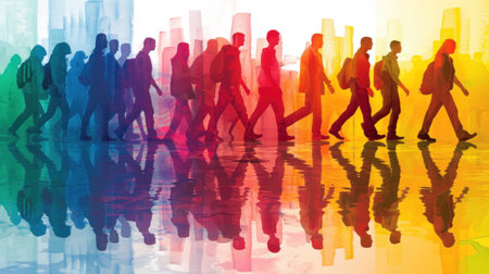 A group of people walking down a street with colorful reflections, AIの素材