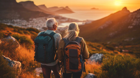 Two people with backpacks hiking on a hillside, AIの素材