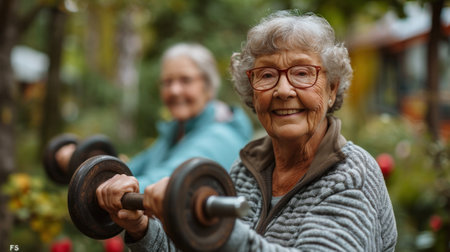 Two older women are exercising with weights in the park, AIの素材