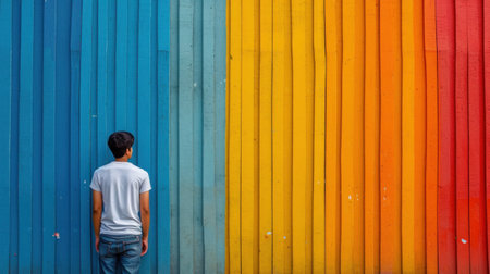 A man standing in front of a colorful wall with his back to it, AIの素材