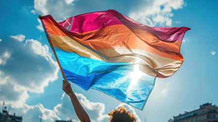A person holding a colorful flag in the air with blue sky, AIの素材