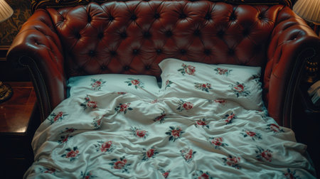 A bed with a white comforter and pillows on it, AIの素材