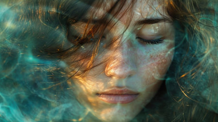 A woman with brown hair and eyes is underwater, AIの素材