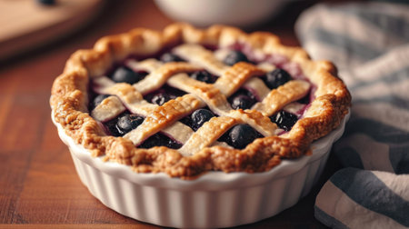 A close up of a pie with blueberries and lattice on top, AIの素材