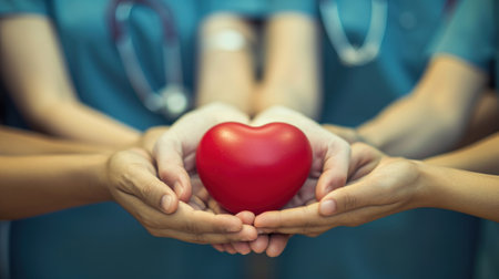 A group of people holding hands with a red heart in the middle, AIの素材
