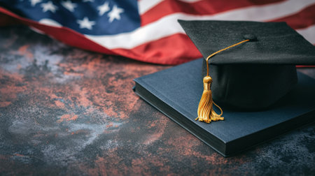 A graduation cap and tassel on a book with an american flag in the background, AIの素材