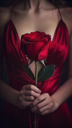 A woman in a red dress holding up one rose, AIの素材