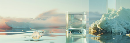 A glass of water sitting on top of a body of liquid, AIの素材