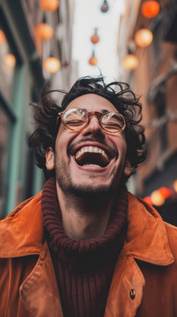 A man with glasses and orange jacket laughing in the city, AIの素材