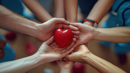 A group of people holding hands around a red heart, AIの素材