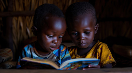 Two young african children are reading a book together, AIの素材
