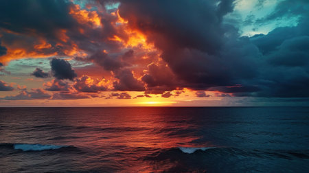 A sunset over the ocean with clouds in the sky, AIの素材