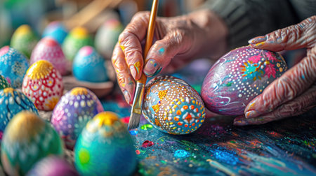 A person painting colorful eggs with a brush on easter, AIの素材