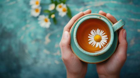 A person holding a cup of tea with daisies in it, AIの素材
