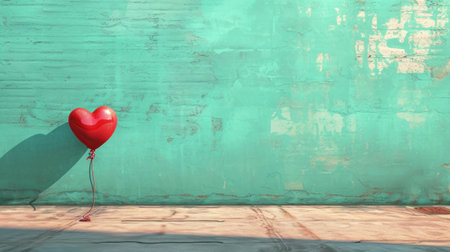 A red heart shaped balloon sitting on the ground next to a wall, AIの素材