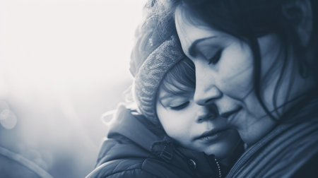 A woman and child are looking at each other in a black and white photo, AIの素材