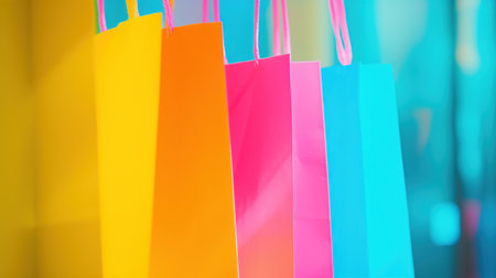 A colorful bags are lined up in a row against the wall, AIの素材