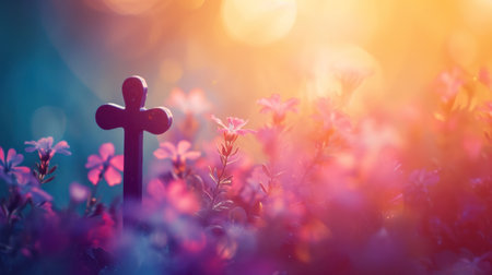 A cross in a field of flowers with the sun behind it, AIの素材