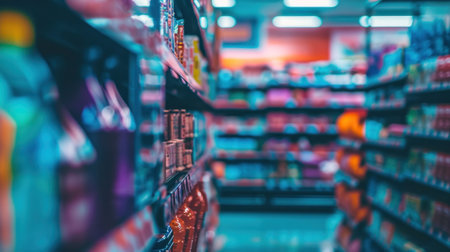 A blurry view of a grocery store aisle with many different items, AIの素材