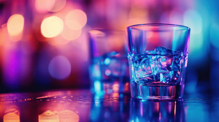 Two glasses of water with ice cubes on a table, AIの素材