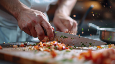 A chef cutting vegetables on a chopping board with knife, AIの素材