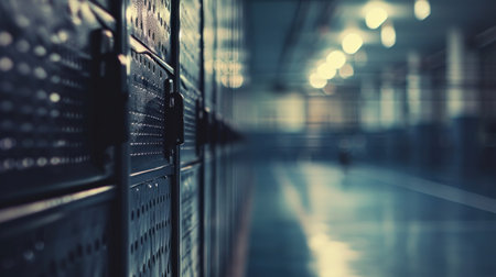 A hallway with a row of lockers and some people, AIの素材
