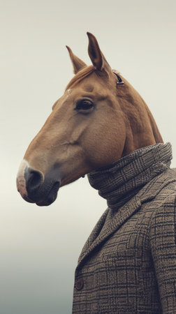 A horse wearing a coat and standing in front of gray sky, AIの素材