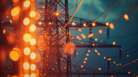 A close up of a power pole with lights around it, AIの素材