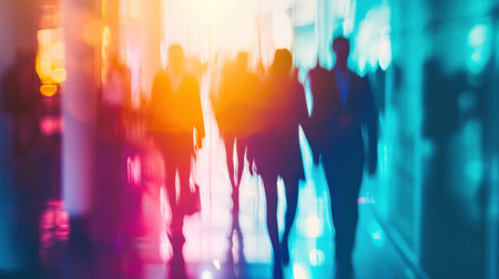 A blurry image of a group of people walking down the hallway, AIの素材