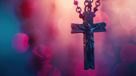 A close up of a crucifix on a chain with some blurry background, AIの素材