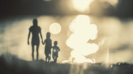 A family of three walking on a beach with the sun behind them, AIの素材