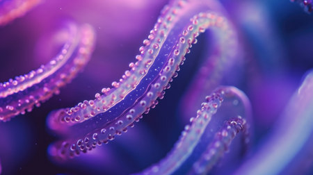 A close up of a purple and blue jellyfish with bubbles, AIの素材