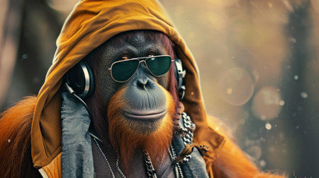 A monkey wearing sunglasses and a hoodie with headphones on, AIの素材