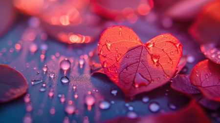 A close up of a heart shaped leaf with water droplets on it, AIの素材