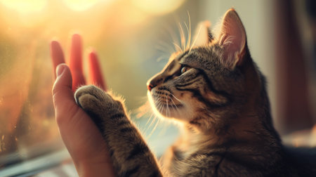 A cat is reaching out to touch a window with its paw, AIの素材