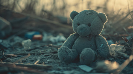 A teddy bear sitting on the ground in a field, AIの素材