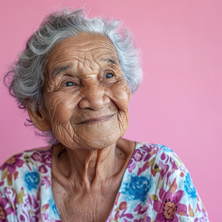 An older woman with a smile on her face looking at the camera, AIの素材