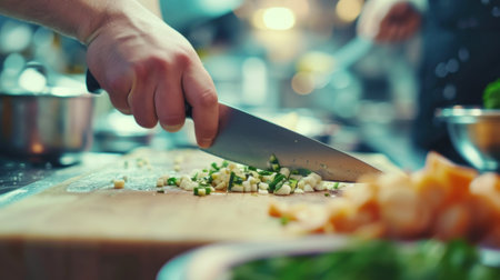 A person cutting vegetables on a wooden board with knife, AIの素材