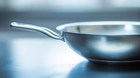A silver bowl sitting on a table with the handle out, AIの素材