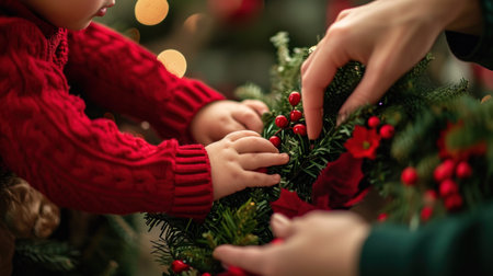 A child is holding a wreath with red berries and green leaves, AIの素材