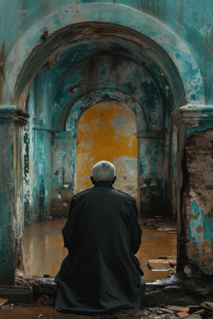 A man sitting on a bench in an old building, AIの素材
