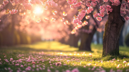 A field with pink flowers and trees in the background, AIの素材
