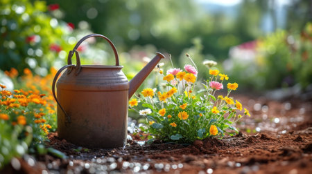A rusty watering can sitting in a garden with flowers, AIの素材